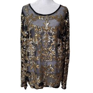 NWT INC Glam Mesh Sequins Beaded Long Sleeve Blouse Black Gold Silver XL